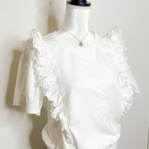 Anthropologie Women's White Lace Ruffle Sweatshirt Top  Size Small - Picture 2 of 9
